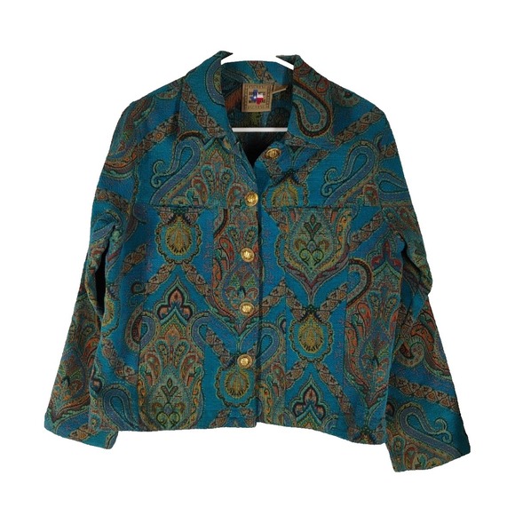 Jackets & Blazers - Vintage Don't Mess With Texas Womens SMALL Blue Tapestry Blazer Gold Buttons